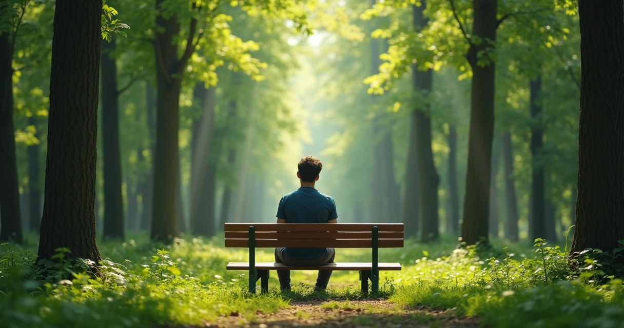 Pessoa sentada sozinha na natureza em silêncio com árvores ao fundo