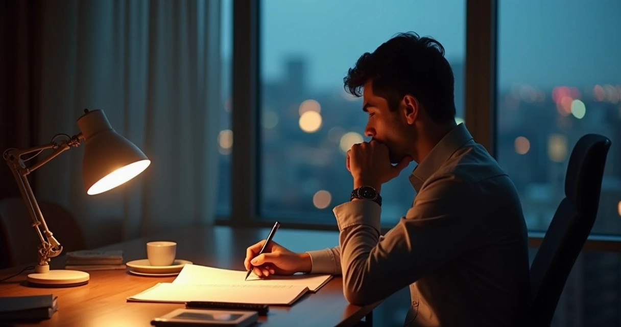 Pessoa refletindo sozinha no escritório antes de tomar decisão 