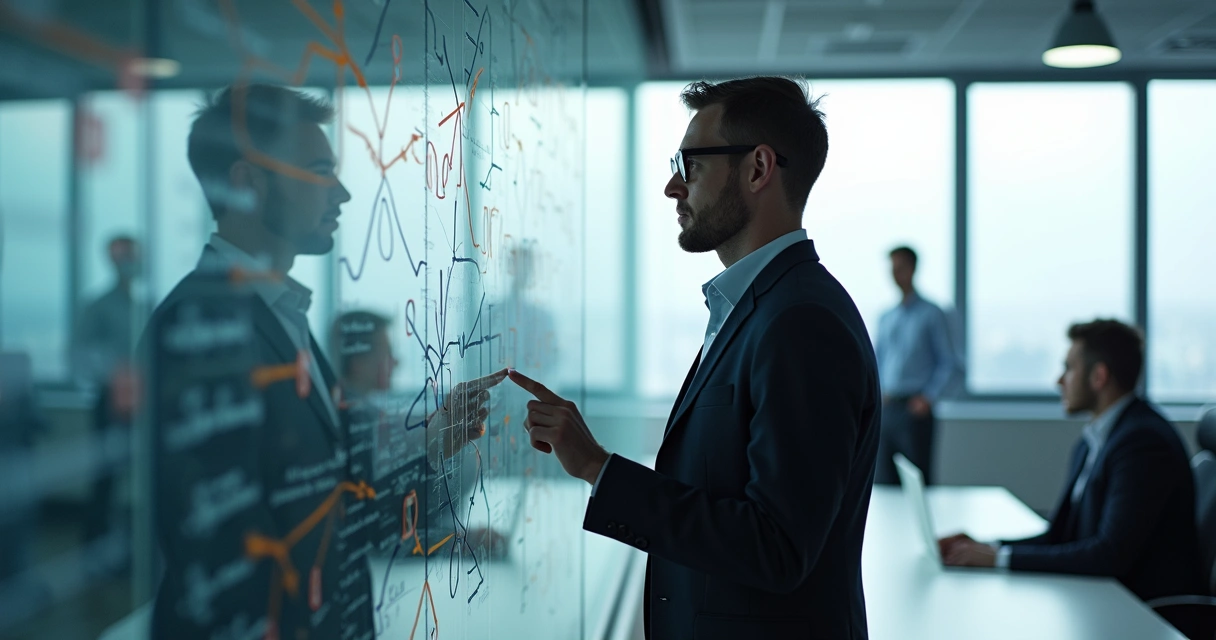 Pessoa em sala de reunião olhando para quadro com fluxos e conexões representados 
