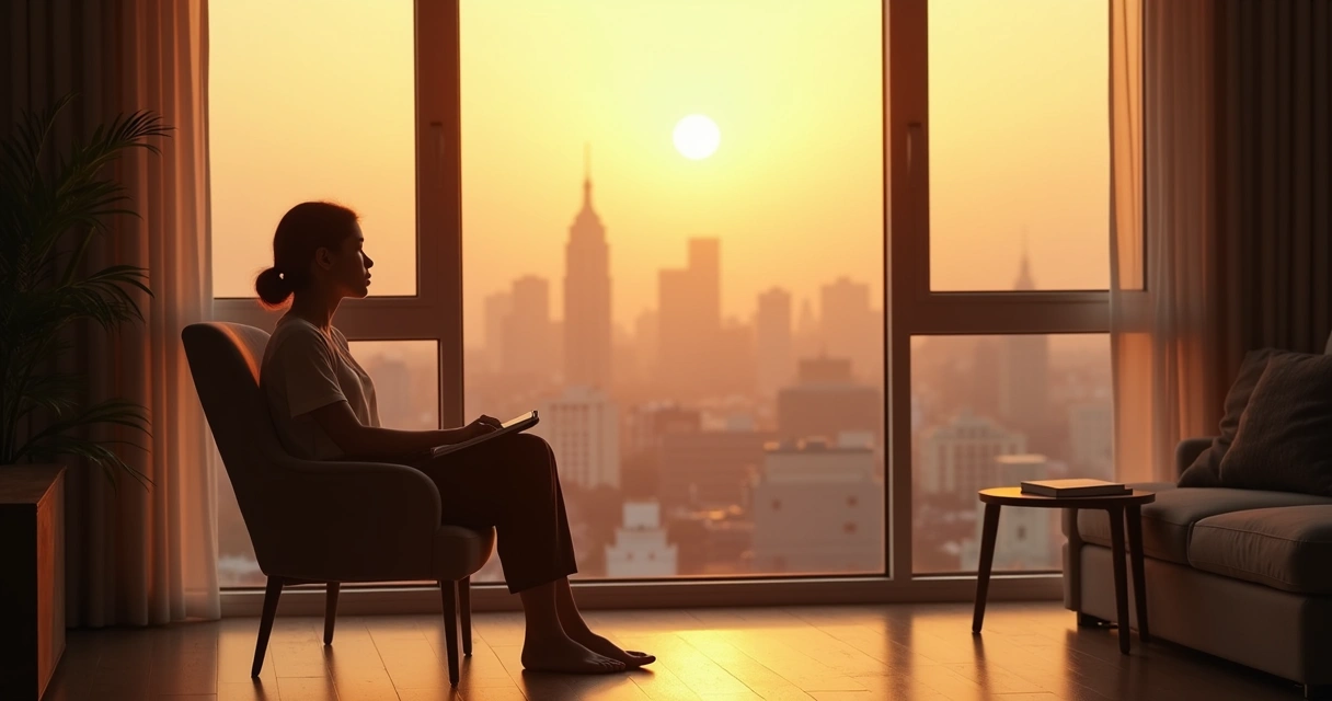 Pessoa sozinha refletindo perto de uma janela ao entardecer 