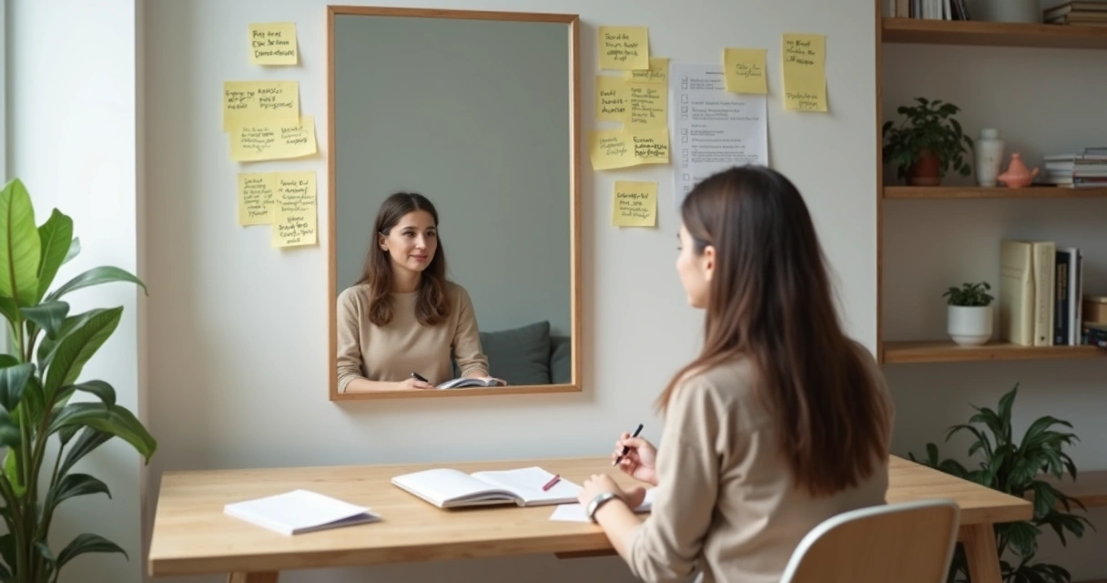 Pessoa refletindo diante do espelho com anotações de críticas e metas ao redor 