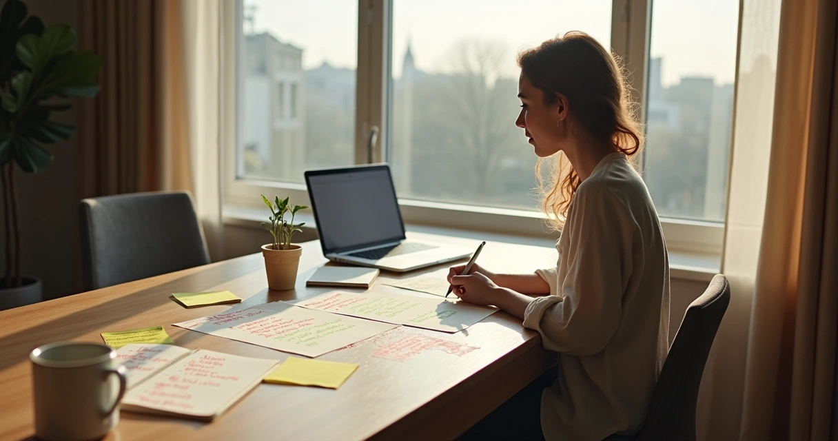 Pessoa refletindo diante de anotações com críticas e insights em um ambiente de trabalho calmo 