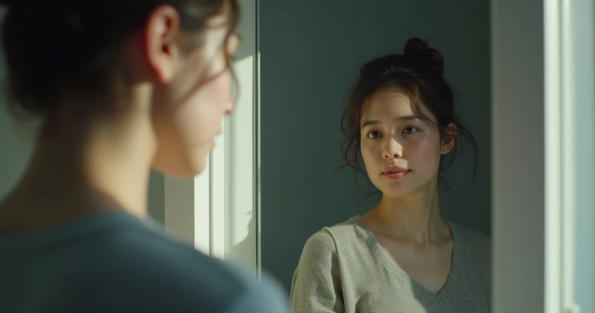 Pessoa diante do espelho refletindo sobre críticas, ambiente tranquilo, luz suave, expressão serena.