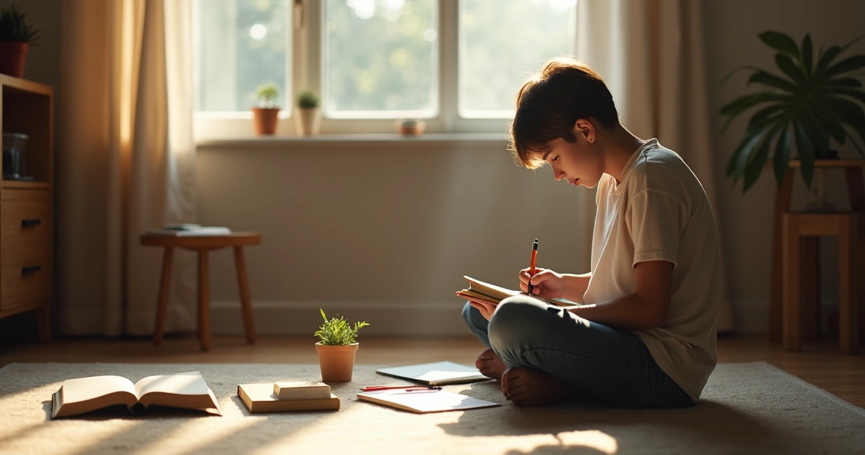 Jovem refletindo em um quarto tranquilo com luz suave 