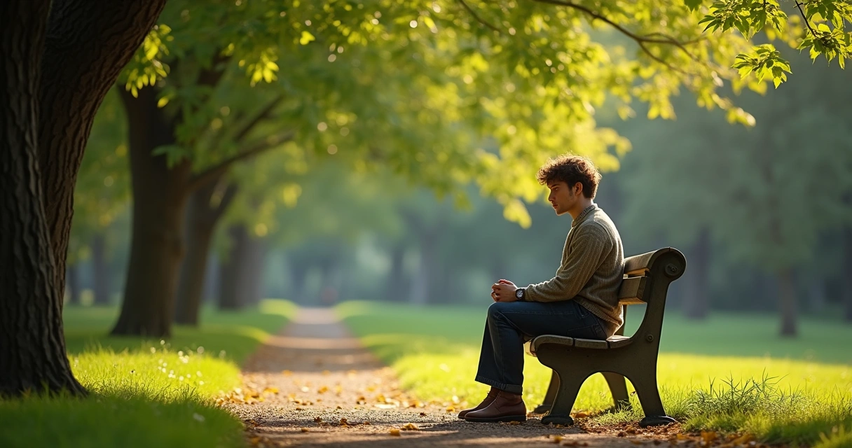 Pessoa refletindo sentada em um banco de parque em ambiente natural 