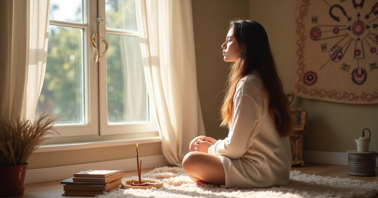 Mulher refletindo olhando pela janela, cercada de livros de astrologia 