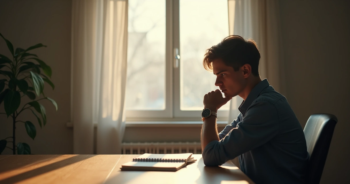 Pessoa refletindo em ambiente tranquilo, expressão de dúvida e autoquestionamento