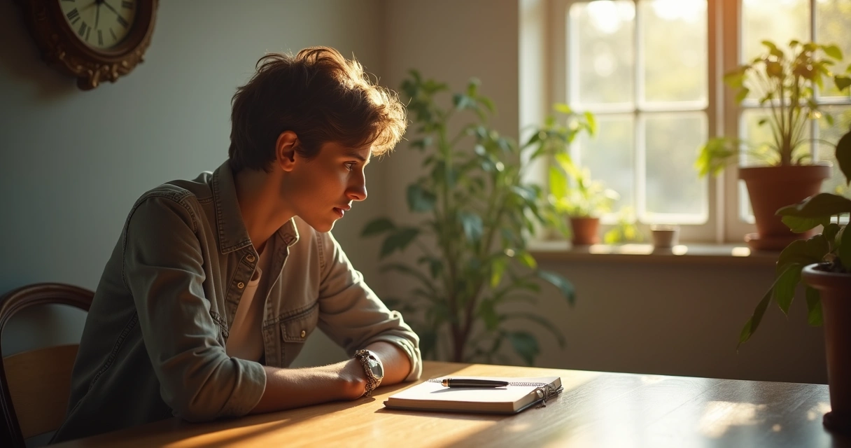 Pessoa sentada sozinha refletindo com papel e caneta em um ambiente tranquilo 