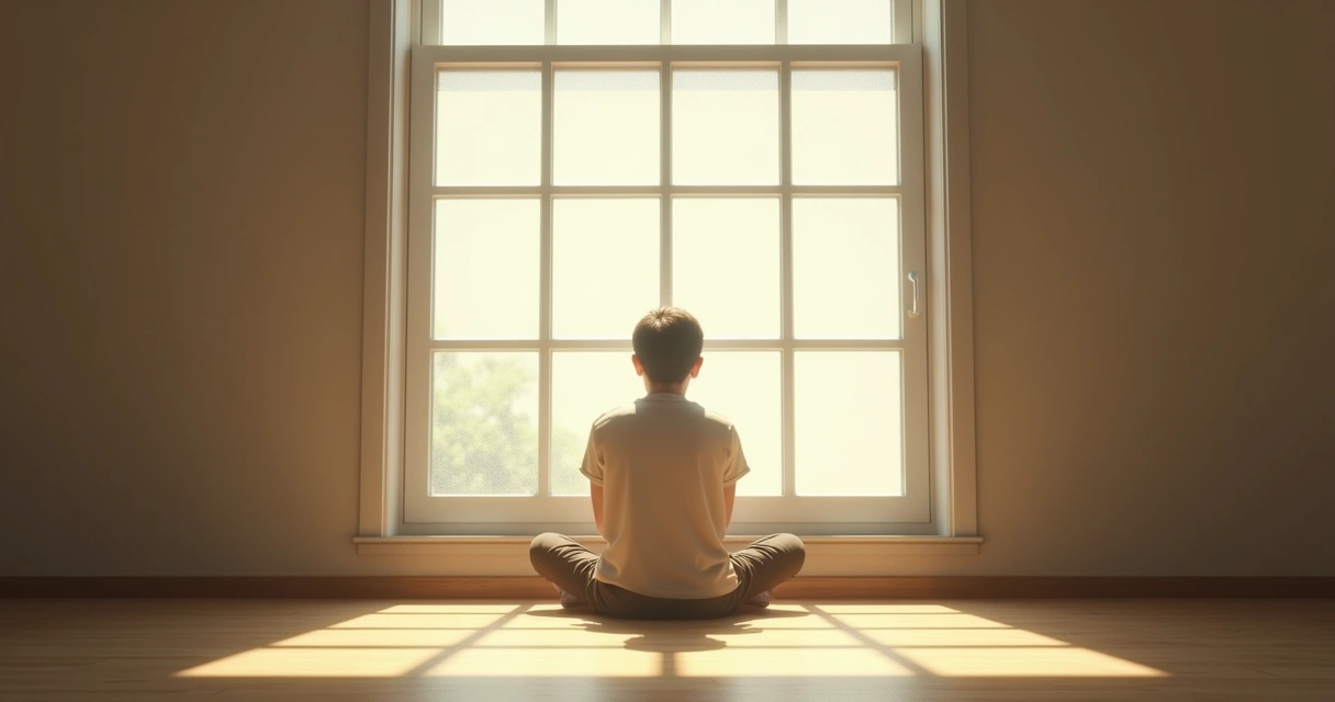 Pessoa sentada pensativa ao lado de uma janela, luz suave entrando na sala