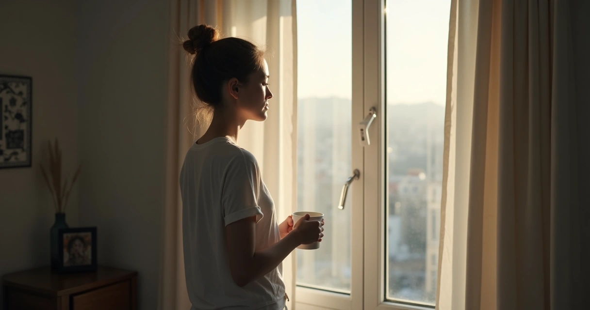 Pessoa olhando pela janela enquanto segura uma caneca, expressando introspecção e reflexão.