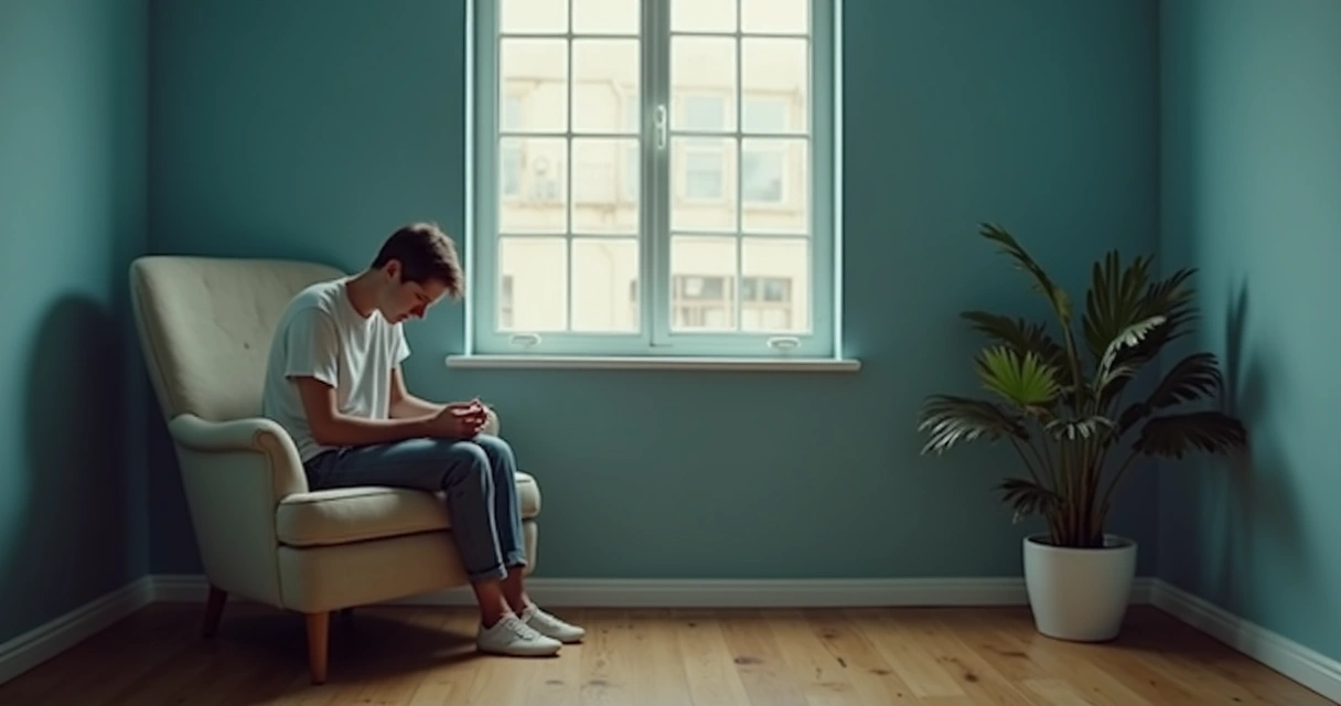 Pessoa sentada sozinha em uma poltrona olhando pensativa para baixo 