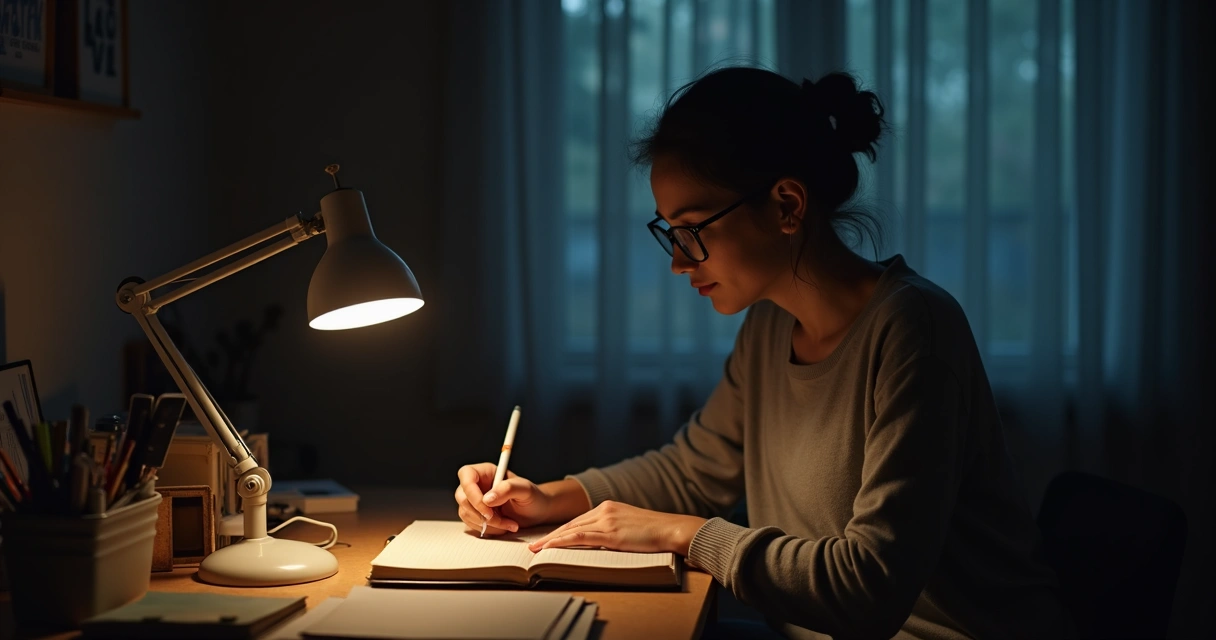 Pessoa escrevendo em diário na mesa, ambiente silencioso 