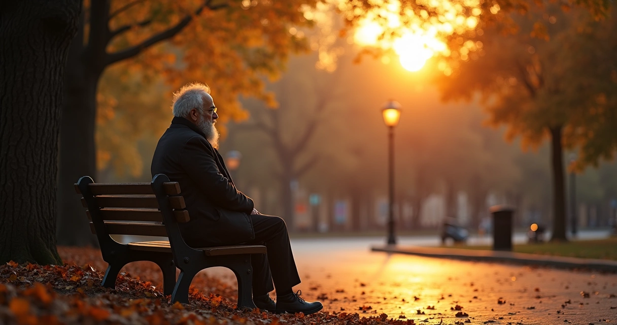 Pessoa sentada sozinha em um banco, refletindo em um parque ao entardecer 