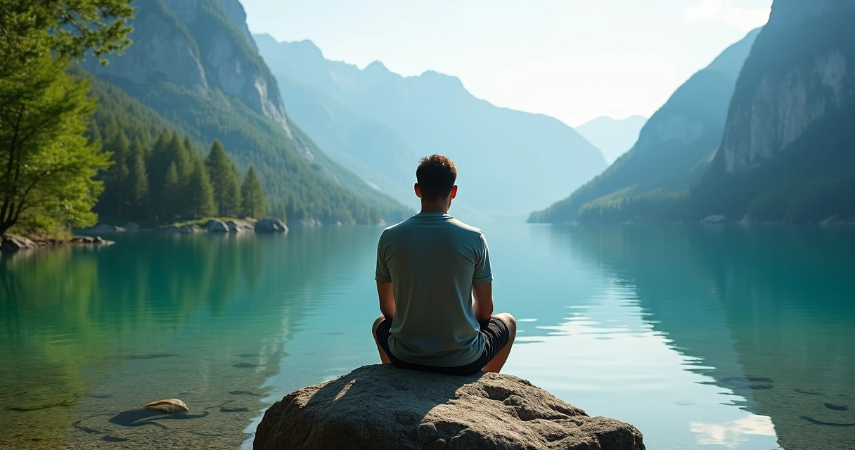 Pessoa sentada em uma rocha à beira de um lago, contemplando a paisagem natural e refletindo sozinha.