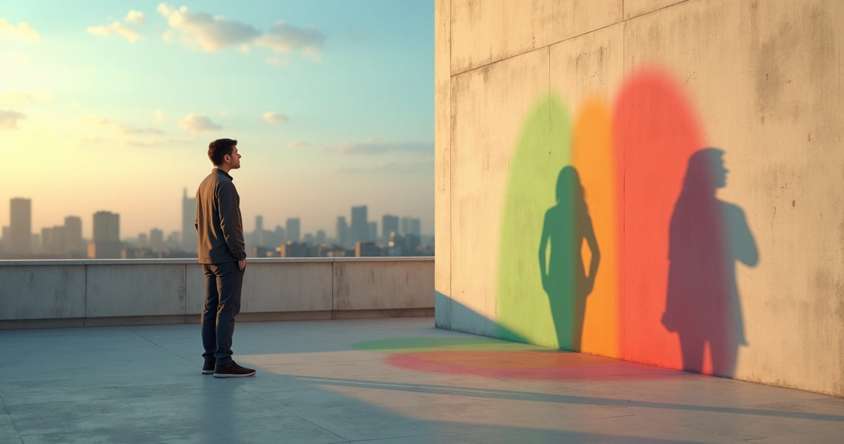 Pessoa observa sua própria sombra colorida em parede, refletindo sobre conflitos internos 