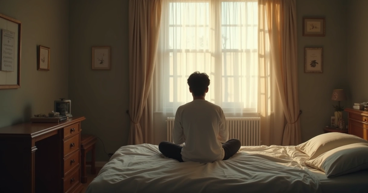 Pessoa sentada sozinha em quarto refletindo