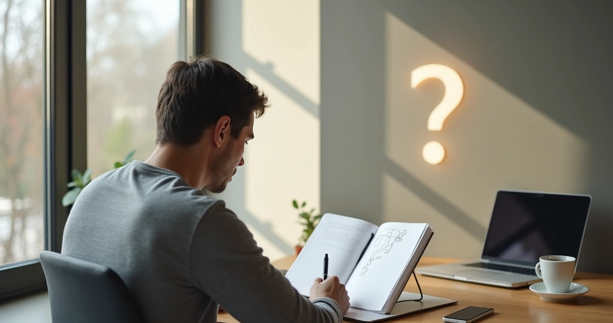 Pessoa escrevendo em caderno com ponto de interrogação gigante ao fundo 