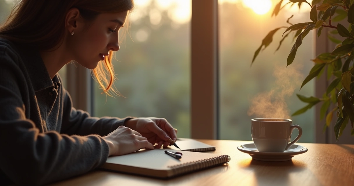 Pessoa sentada à mesa olhando pela janela de manhã, refletindo em silêncio 