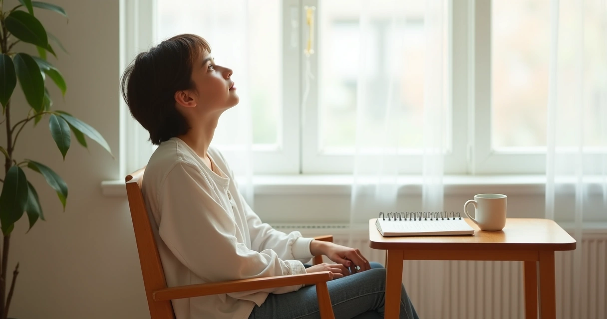 Pessoa sentada em cadeira de madeira simples, olhando para cima pensativa, ao lado de uma mesa com caderno e xícara 