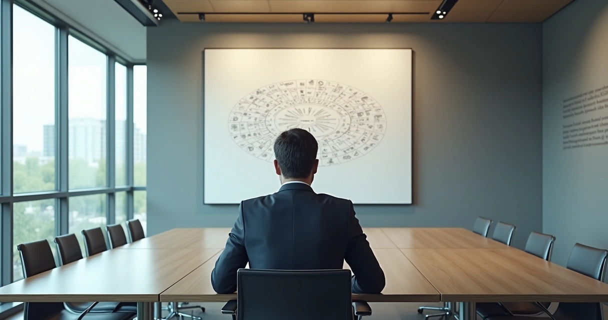 Pessoa em sala de reunião olhando pensativamente para uma folha com diagramas