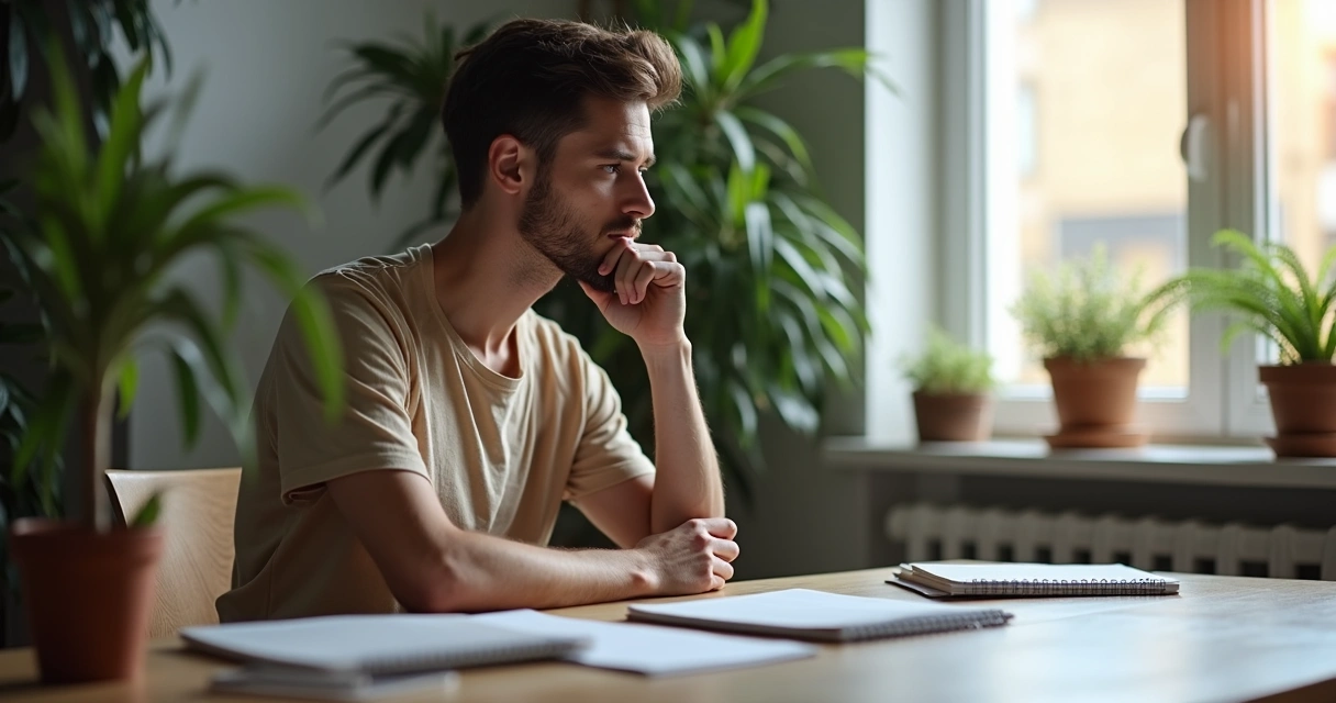 Pessoa refletindo sozinha em ambiente de trabalho 