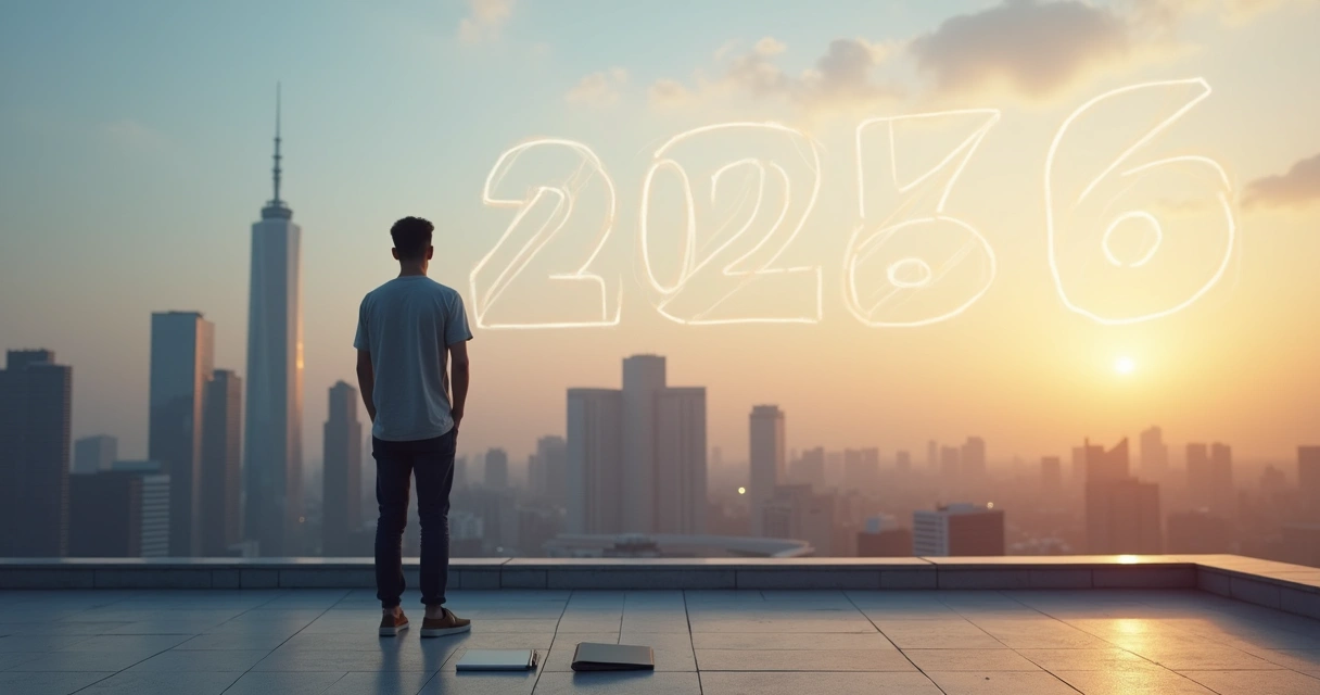 Pessoa observando horizonte urbano com 2026 escrito no céu ao amanhecer 