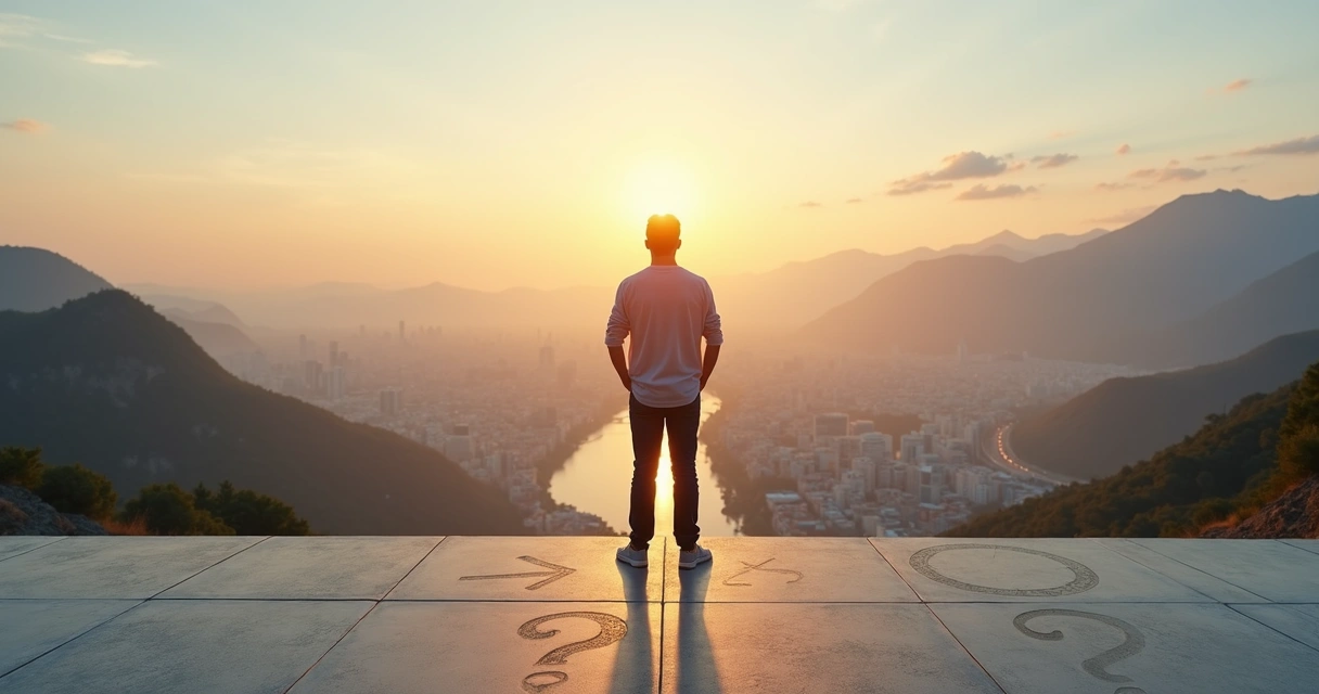 Pessoa contemplando sua trajetória de vida diante de um horizonte amplo 