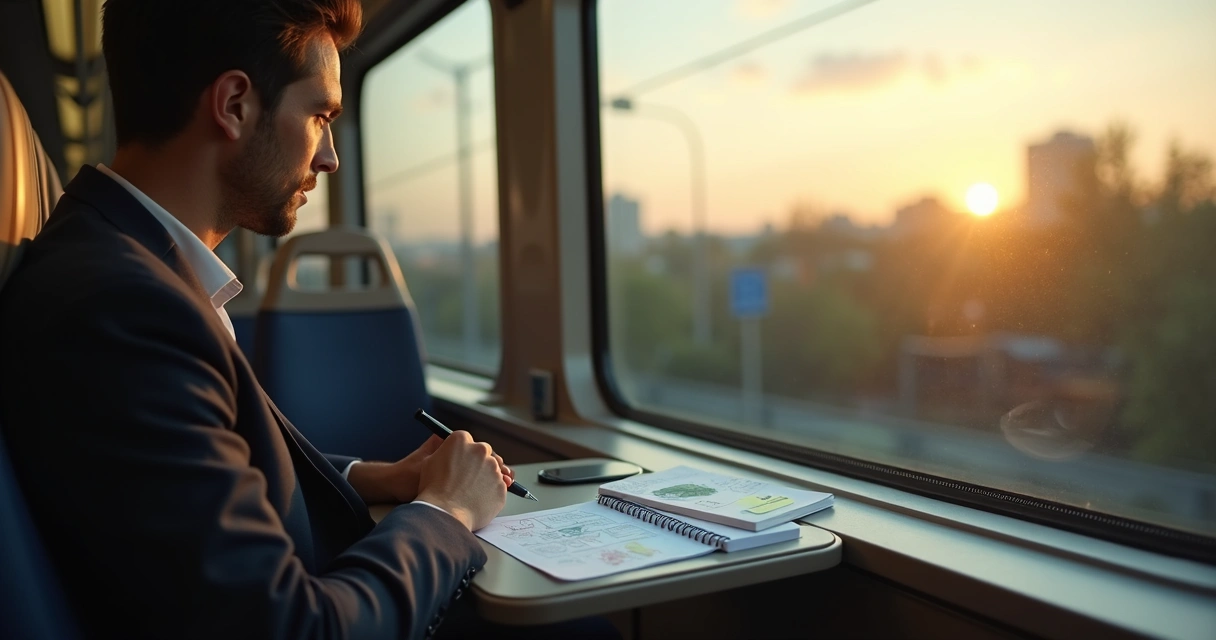Profissional sentado em trem vazio observa caderno de anotações sobre carreira 