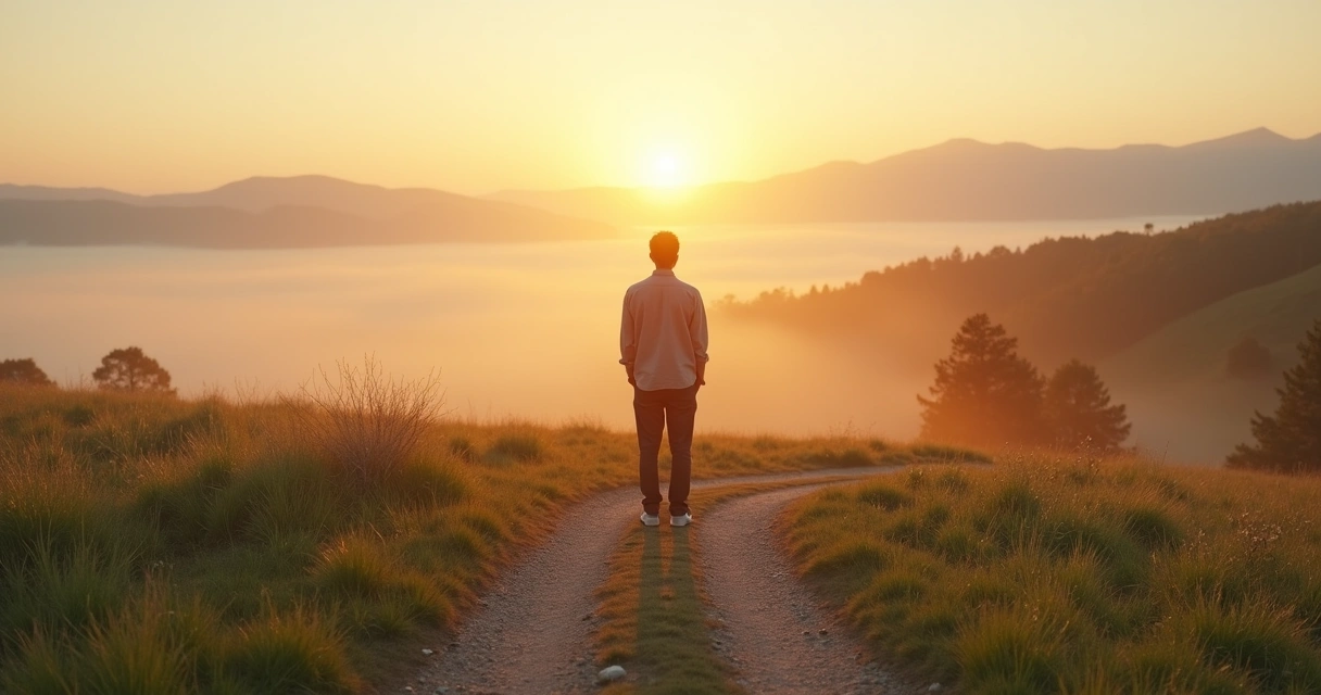 Pessoa em pé em uma encruzilhada contemplando o nascer do sol 