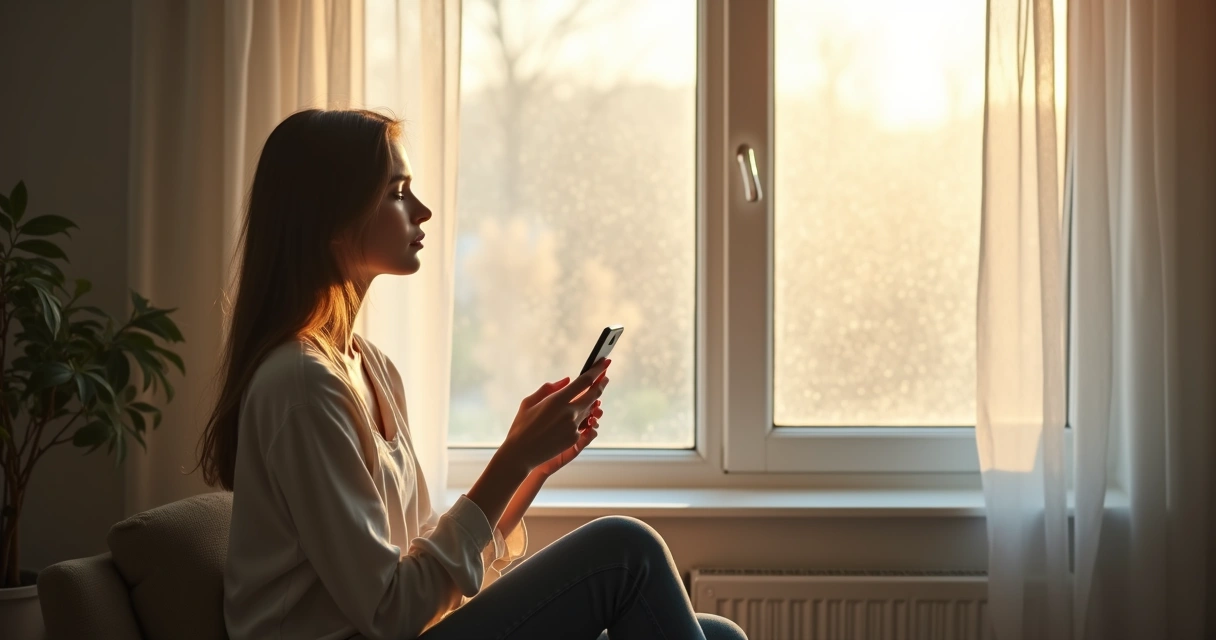 Pessoa olhando para celular em ambiente calmo e iluminado por luz natural 