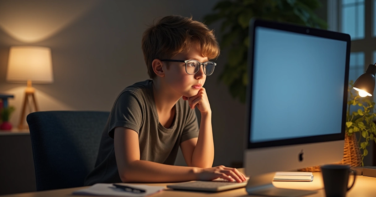Jovem sentado olhando para tela de notebook com expressão de reflexão 