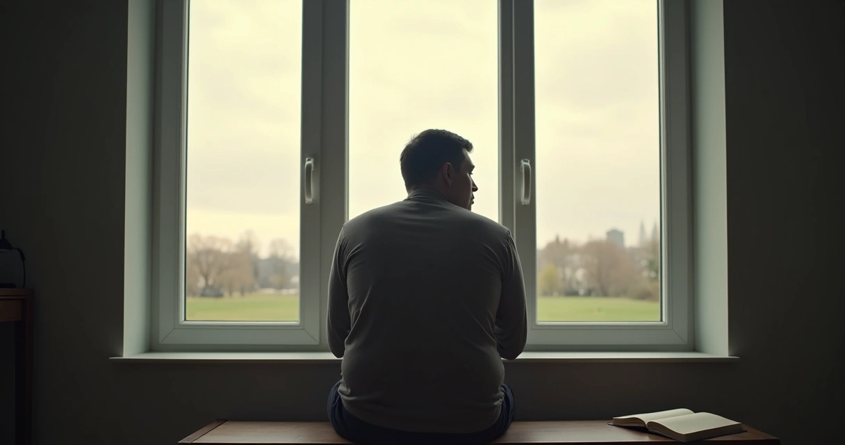 Pessoa em um ambiente calmo refletindo sentada em um banco ao lado de uma janela 