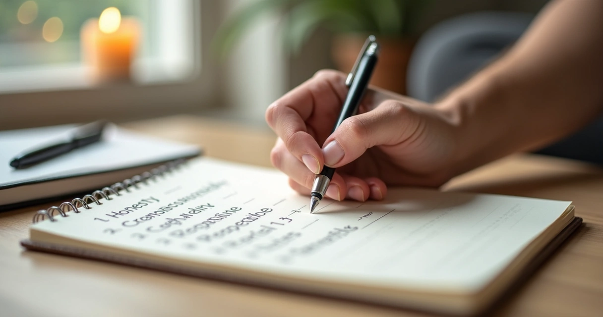 Mãos segurando caderno com lista de valores pessoais em mesa clara
