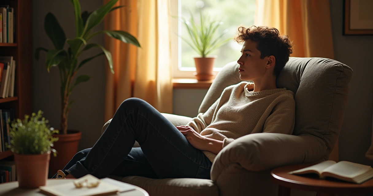 Pessoa sentada refletindo em ambiente interno com luz suave e objetos pessoais ao redor 