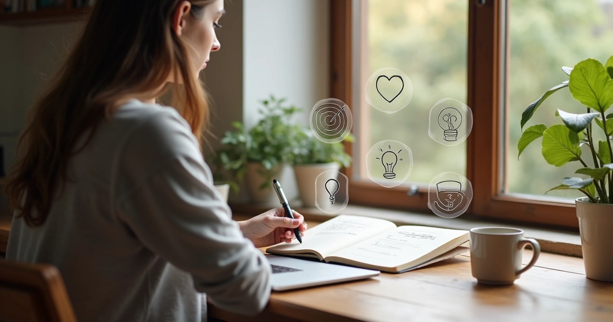 Pessoa refletindo sobre valores pessoais com caderno e símbolos de escolhas ao redor 