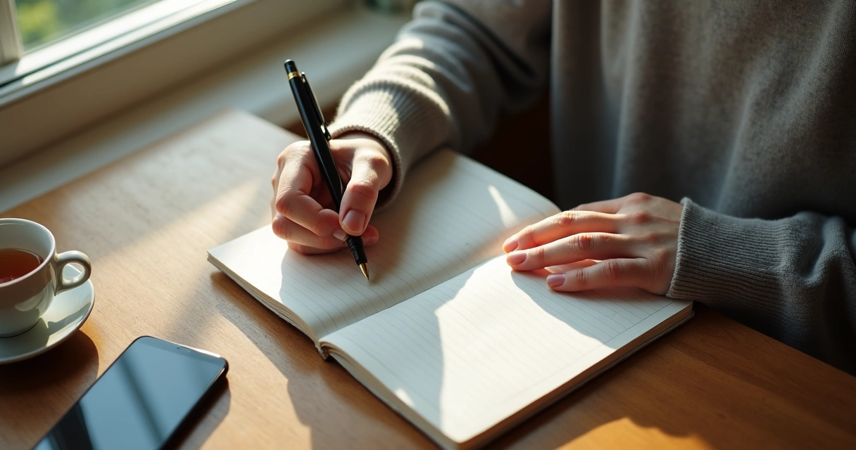 Pessoa escrevendo reflexões sobre relacionamento em caderno