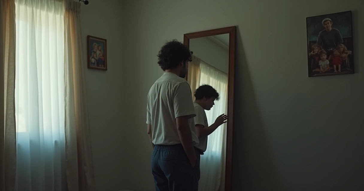 Adulto reflexionando frente a un espejo, expresión pensativa