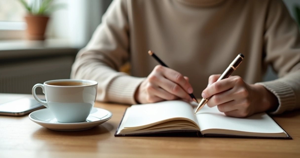Persona escribe en un cuaderno junto a una taza de café 