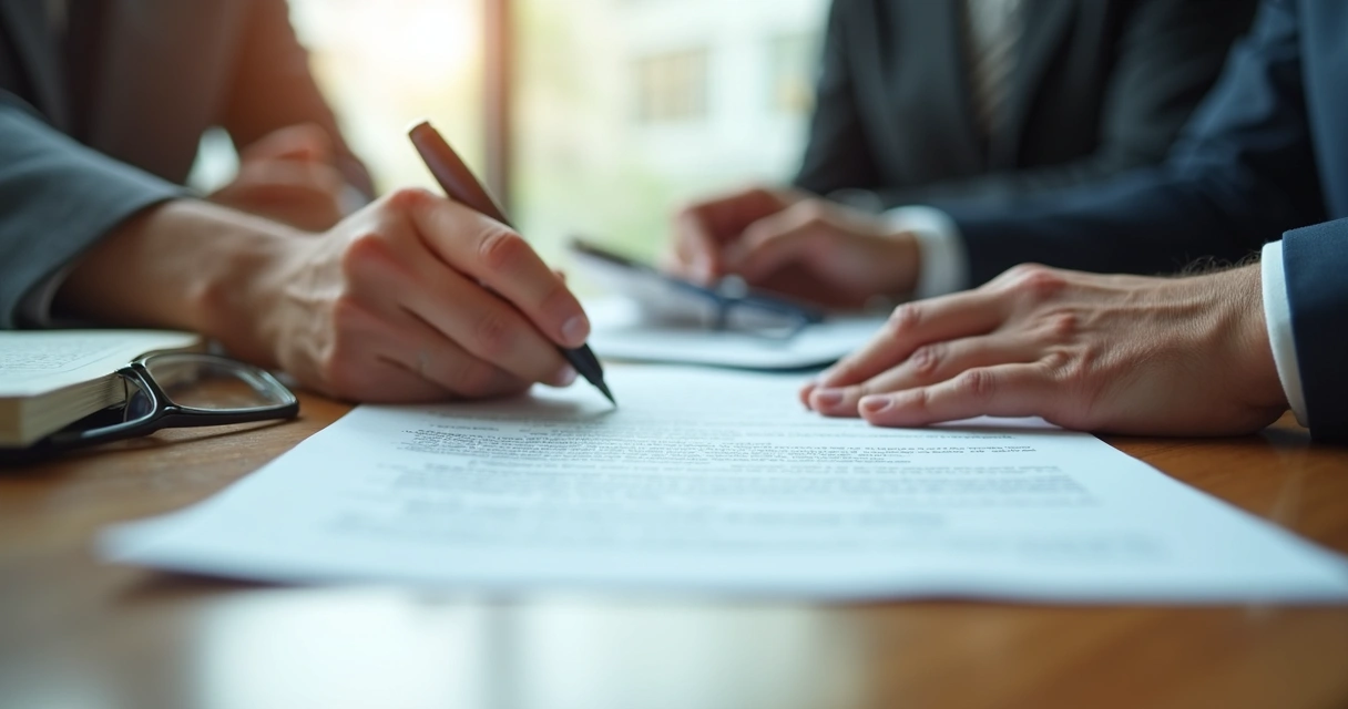 Manos sobre un contrato durante un momento de reflexión en negociación