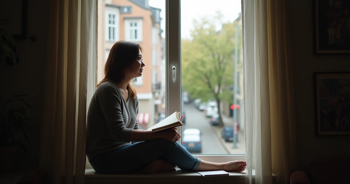 Mujer reflexionando sola junto a una ventana con luz natural. 