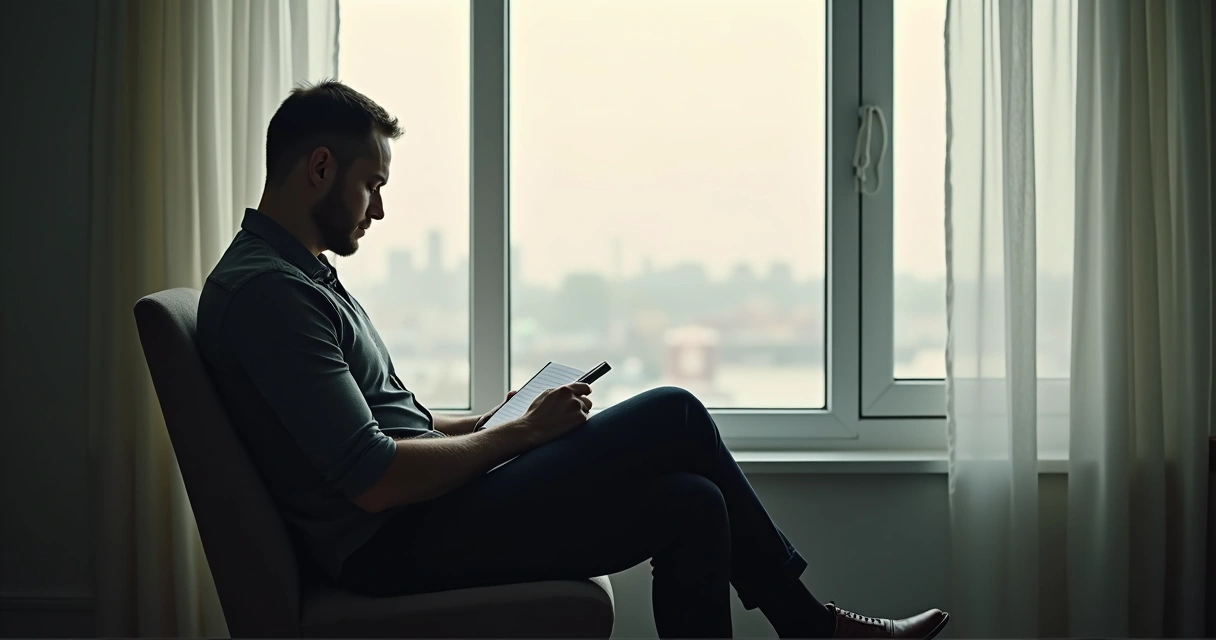 Persona sentada mirando por la ventana con expresión pensativa