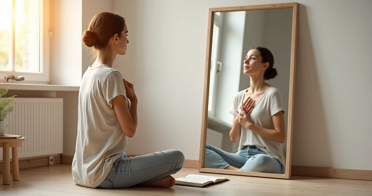 Mujer sentada frente a un espejo tomando notas sobre su autoconciencia 