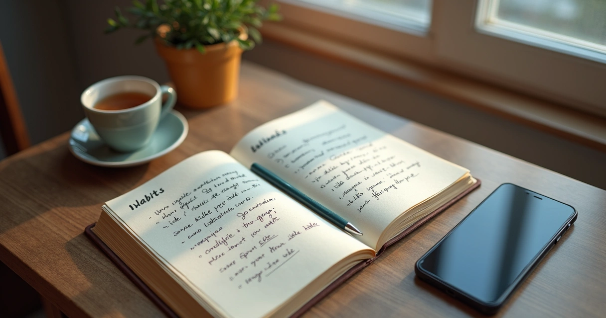 Cuaderno con notas sobre bienestar digital junto a un teléfono móvil 