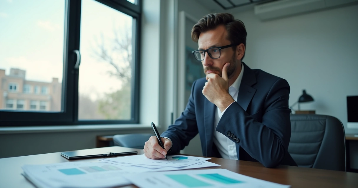 Persona observando notas y gráficos en una oficina tranquila 