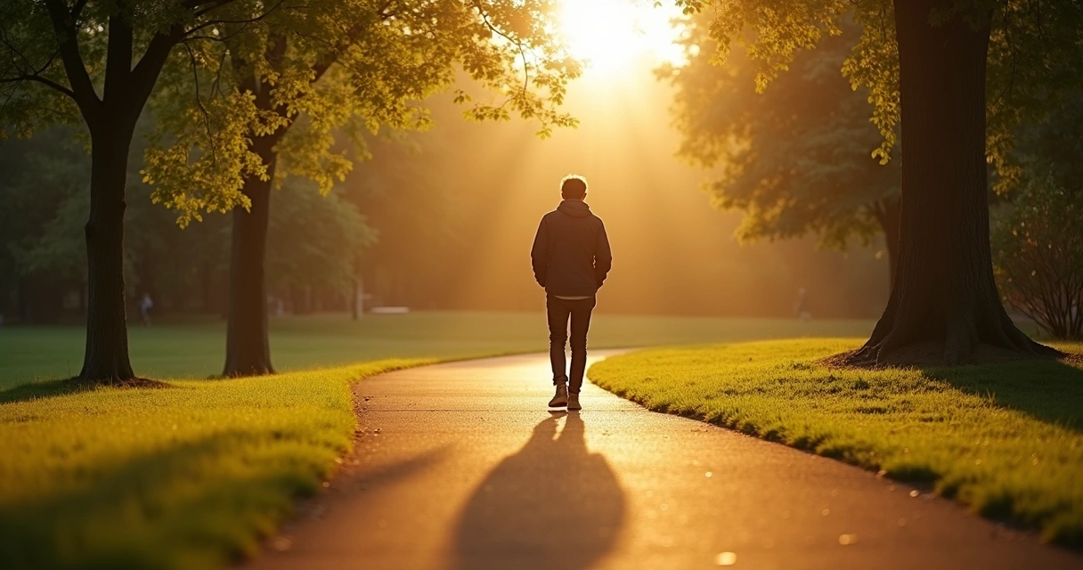 Persona caminando sola en un sendero bajo luz suave, reflejando introspección