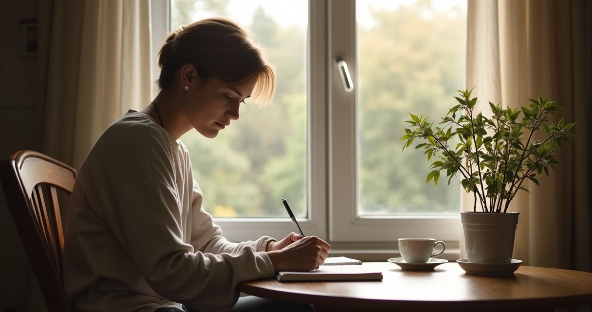 Persona sentada junto a una ventana escribiendo en un cuaderno 