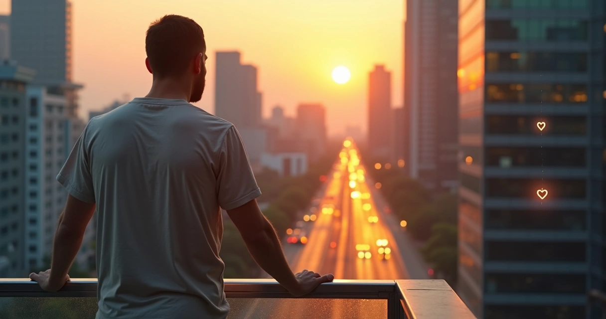 Persona reflexionando frente a varios caminos en una ciudad al atardecer 
