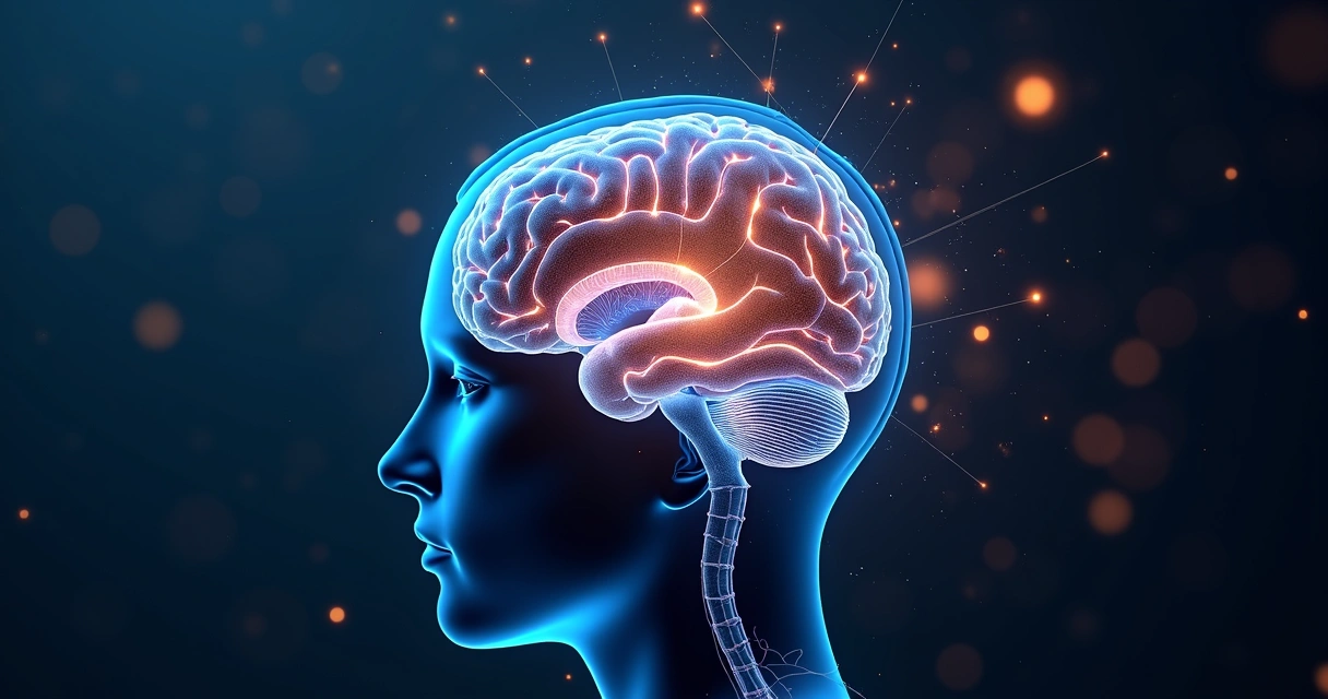 Cerebro humano iluminado en tonos azules y naranjas, con caminos entrelazados que sugieren conexiones y procesos internos. 
