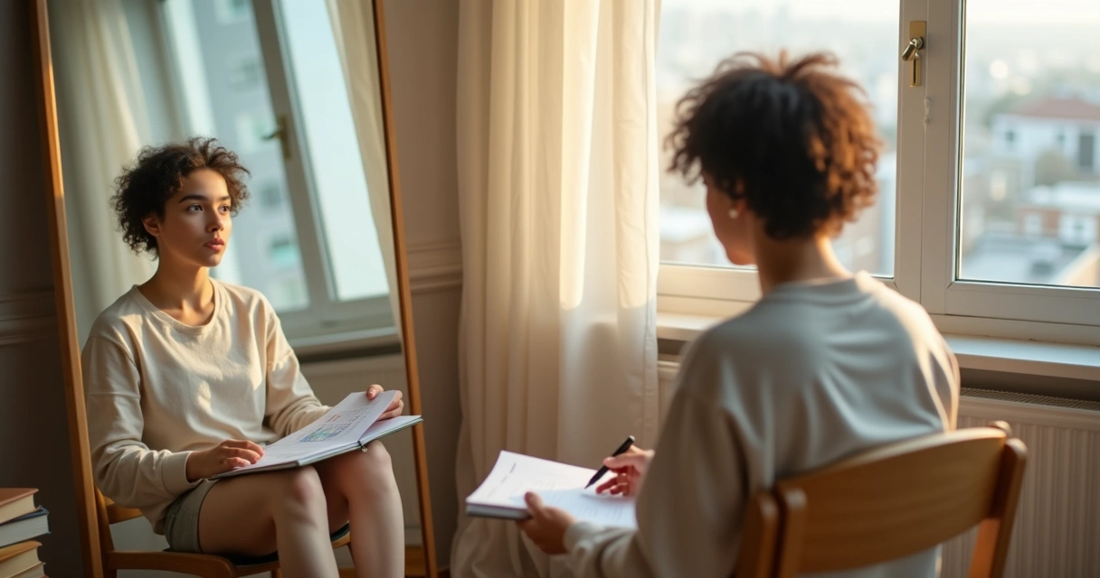 Persona reflexionando frente a un espejo con múltiples versiones de sí misma en superposición 