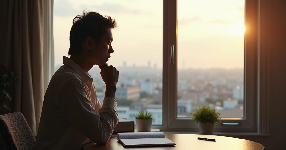 Persona reflexionando cerca de la ventana tras una conversación 